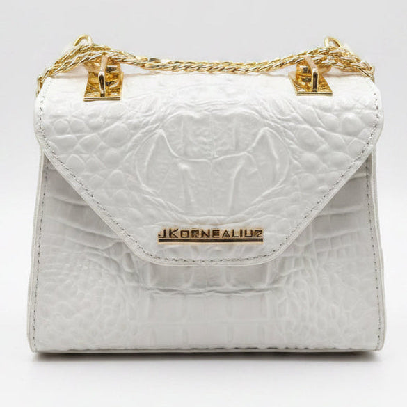 White Crocodile Embossed Genuine Leather Crossbody Purse